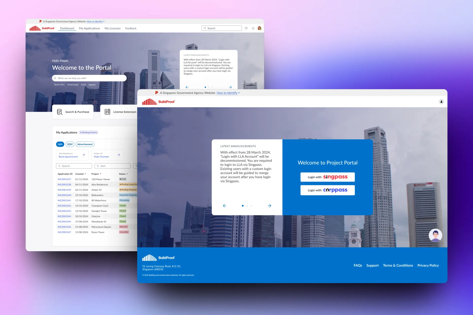 Applications and approvals screens for the BuildPass admin portal