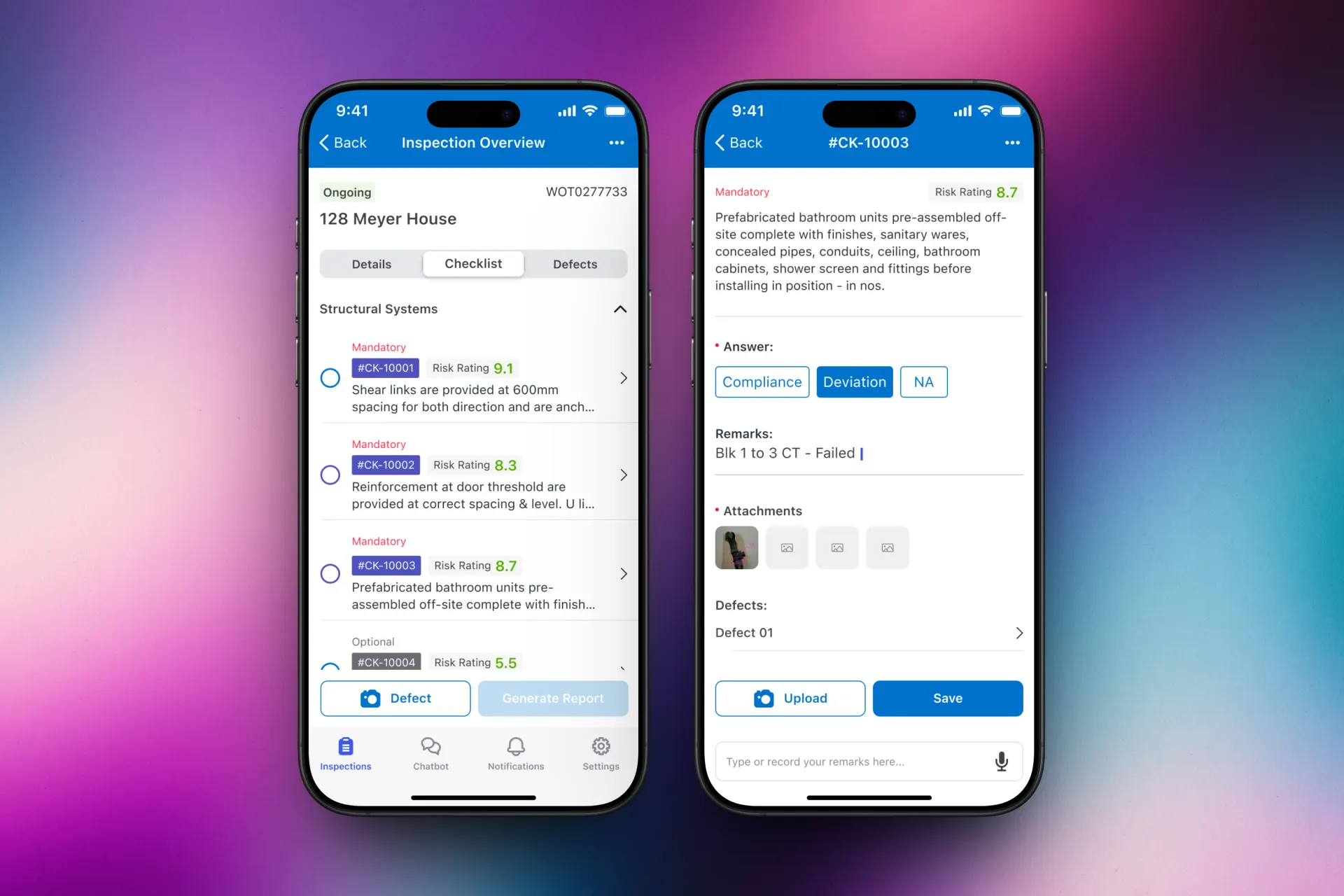 Inspection checklist screen, item states and pass or fail controls